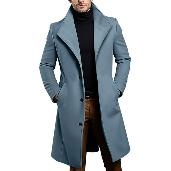 LNWUY Men's Long Trench Coat, Single-Breasted Notched Collar Overcoat, Casual Solid Color Long Sleeve Peacoat for Fall and Winter Blue L