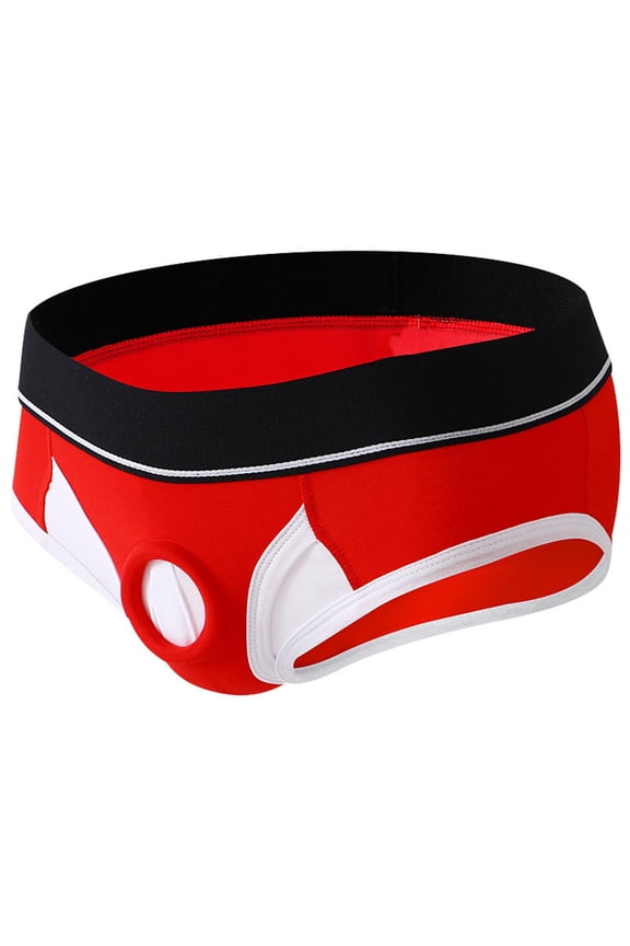 Men's Low Rise Stretchy Underpants Support Pouch Hollow Out Open Front Underwear Breathable Briefs Red M