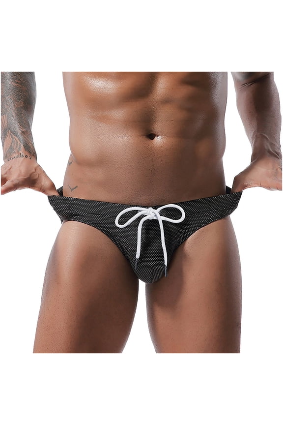 Men's Low Rise Swimsuits Bikini Briefs Swimwear with Adjustable Drawstring Hipster Briefs Underwear Black L