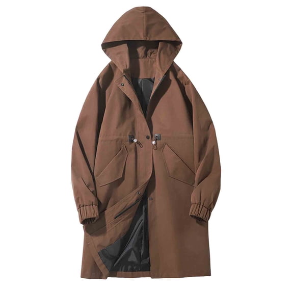 LNWUY Men's Mid-Length Fleece-Lined Windbreaker Thickened Hooded Coat with Zipper, Drawstring, Button Pockets Long Sleeves Coat Brown L
