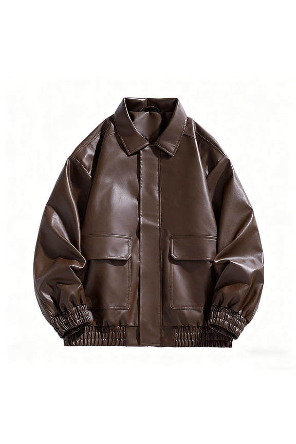 Men's Oversized Faux Leather Bomber Jacket Vintage Biker Moto Style with Zipper Pockets, Durable and Stylish Outerwear Brown XXXL