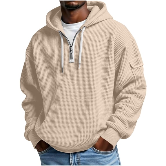LNWUY Men's Plus Size Hooded Sweatshirt Casual Long Sleeve Drawstring Pullover Sweaters Trendy Fall Hoodie Pocket Tops Beige L
