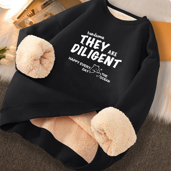 LNWUY Men's Plus Size Thickened Print Winter Warm Sherpa Lined Crewneck Pullover Sweatshirt Fleece Casual Fall Clothes Sweatshirts Black XXL