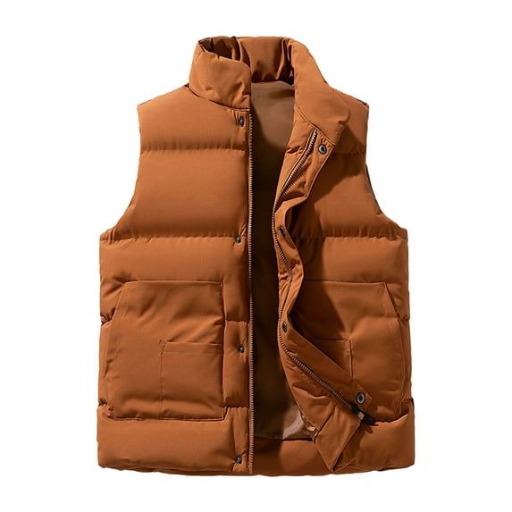 LNWUY Men's Puffer Vest Casual Stand Collar Thickened Sleeveless Quilted Waistcoat Outdoor Padded Solid Color Cotton Clothing Brown XXXXL