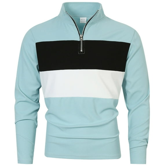 LNWUY Men's Quarter Zip Up Shirt Long Sleeve Golf Shirt Casual Contrast Striped T-Shirt Mock Neck Zipper Pullover Blue S