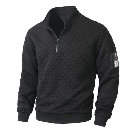 LNWUY Men's Quilted Sweatshirts Casual Long Sleeve Outdoor Stand Collar Pullover Checkered Zipper Sweatshirt Jacket Black XXL