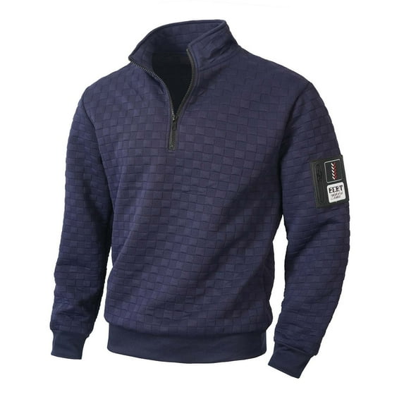 LNWUY Men's Quilted Sweatshirts Casual Long Sleeve Outdoor Stand Collar Pullover Checkered Zipper Sweatshirt Jacket Blue L