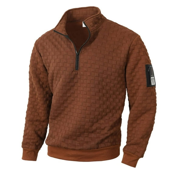 LNWUY Men's Quilted Sweatshirts Casual Long Sleeve Outdoor Stand Collar Pullover Checkered Zipper Sweatshirt Jacket Brown XXL