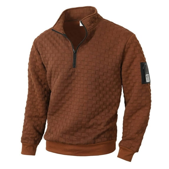LNWUY Men's Quilted Sweatshirts Casual Long Sleeve Outdoor Stand Collar Pullover Checkered Zipper Sweatshirt Jacket Brown XXL
