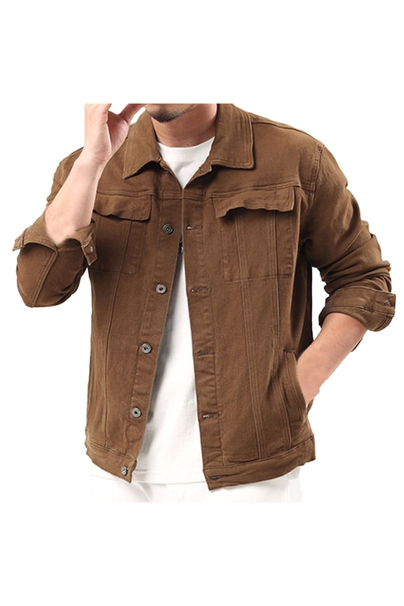Men's Regular Fit Denim Jacket Solid Casual Button down Washed Lapel Pocket Button Long Sleeves Jean Trucker Jacket Coffee L