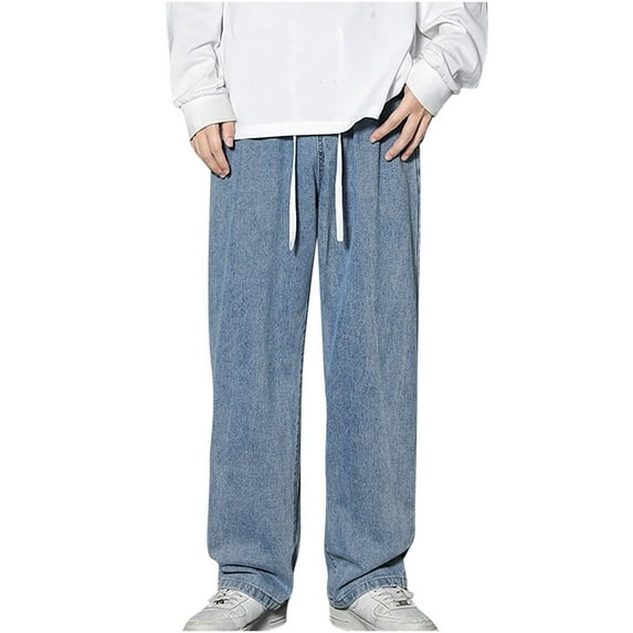 LNWUY Men's Regular Fit Straight Leg Jeans Casual Drawstring Elastic Waist Denim Pants Lightweight Summer Outdoor Daily Solid Color Jeans Blue XL