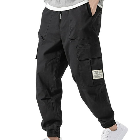 LNWUY Men's Retro Stretch Drawstring Elastic Waist Hikking Cargo Pants Fashion Hip Hop Style Hippie Twill Pants with Multi-Pockets Black L