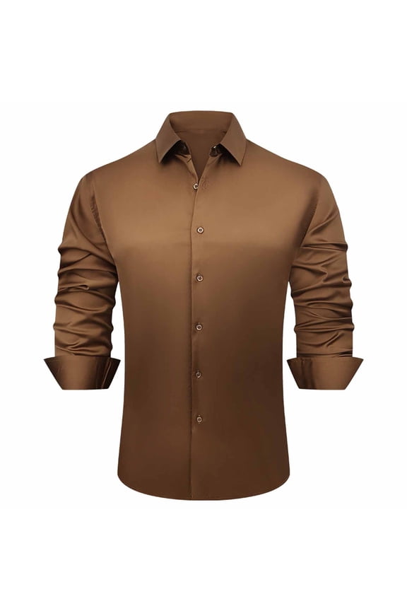 Men's Satin Button Down Shirts Solid Color Lapel Long Sleeve Dress Shirts Slim Fit Work Business Shirts for Men Brown M
