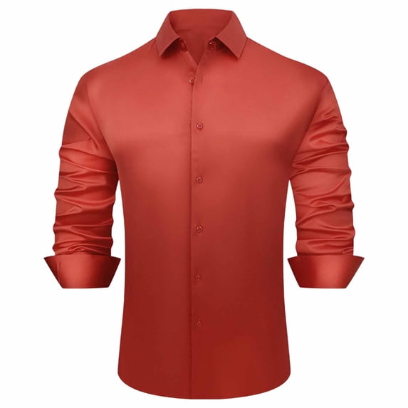 LNWUY Men's Satin Button Down Shirts Solid Color Lapel Long Sleeve Dress Shirts Slim Fit Work Business Shirts for Men Red L