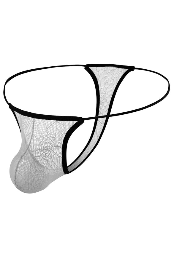 Men's See Through Lace Thong Underwear Low Rise G-String Panties Bulge Pouch T-Back Thongs White L