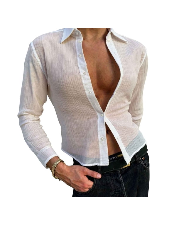 Men's Sheer Button Down Shirts Waist Revealing Short Perspective Shirt Flat Collar Slim Nightclub Mesh Long Sleeve Party Club Shirt Tops White S