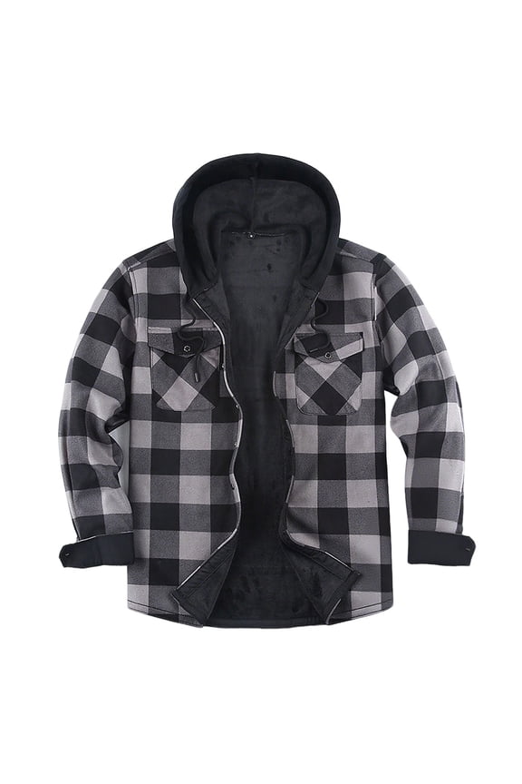 Men's Sherpa Lined Flannel Jacket Button Hooded Plaid Shirt Jacket Thickened Winter Warm Outerwear Fleece Coat Gray XXL