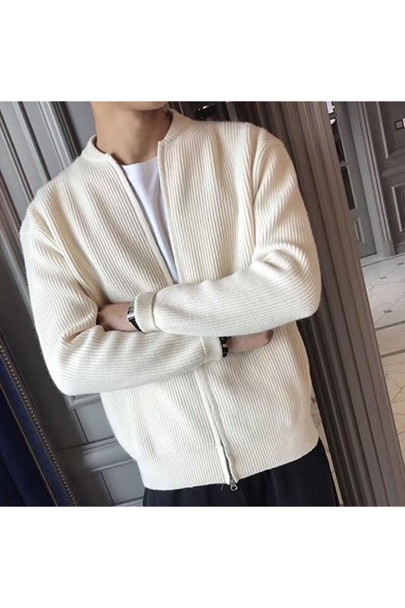 Men's Simple Casual Ribbed Stand Collar Zipper Long Sleeved Jacket Solid Color Casual Long Sleeve Waffle Jackets Beige XXL