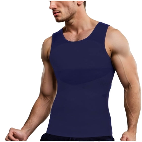 LNWUY Men's Slimming Shirt Mesh Compression Shirt 4-Way Stretch Body Shaping Round-Neck Tank Top Quick Dry Blue L