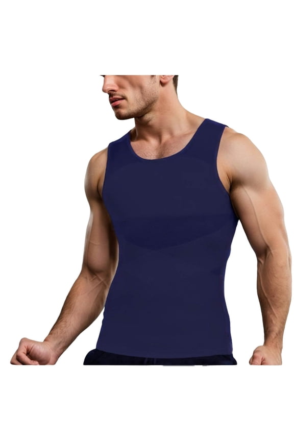 Men's Slimming Shirt Mesh Compression Shirt 4-Way Stretch Body Shaping Round-Neck Tank Top Quick Dry Blue XXXXL