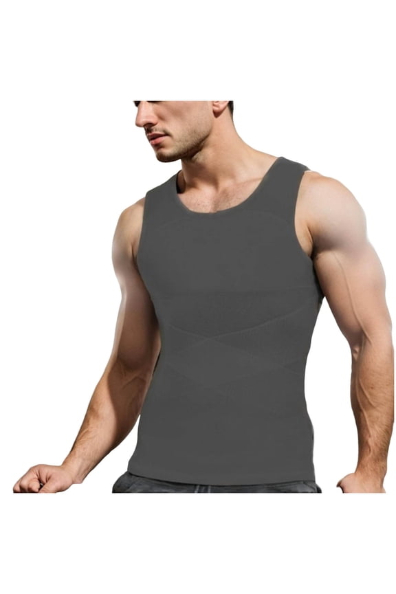 Men's Slimming Shirt Mesh Compression Shirt 4-Way Stretch Body Shaping Round-Neck Tank Top Quick Dry Gray M
