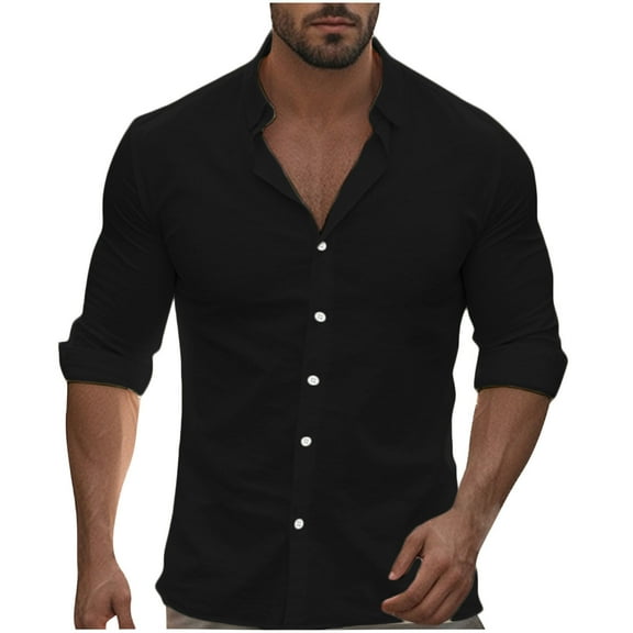 LNWUY Men's Solid Casual Cotton Linen Shirts Comfortable and Breathable Long Sleeve Button down Shirt Band Collar Beach Shirts Black XXXL