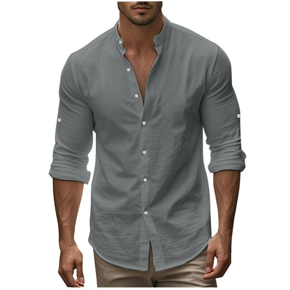 LNWUY Men's Solid Casual Cotton Linen Shirts Comfortable and Breathable Long Sleeve Button down Shirt Band Collar Beach Shirts Gray XXXL