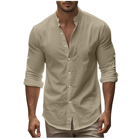 LNWUY Men's Solid Casual Cotton Linen Shirts Comfortable and Breathable Long Sleeve Button down Shirt Band Collar Beach Shirts Khaki S