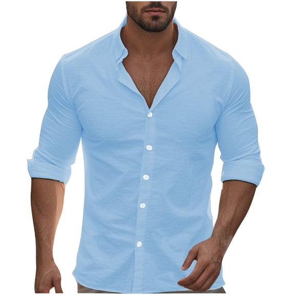 LNWUY Men's Solid Casual Cotton Linen Shirts Comfortable and Breathable Long Sleeve Button down Shirt Band Collar Beach Shirts Light Blue S