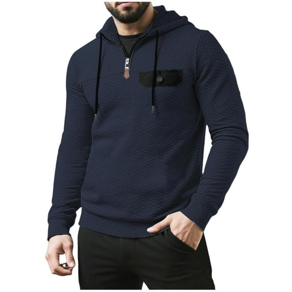 LNWUY Men's Solid Color Casual Half-Zip Hooded Sweatshirt with Drawstring Fake Pocket Long Sleeve Pullover Sports Hoodie Blue M