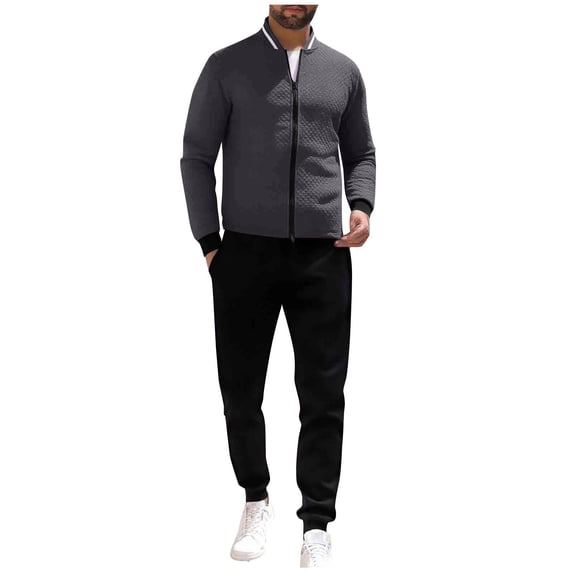 LNWUY Men's Solid Color Casual Loose Sports Pocket Zipper Drawstring Pants Long Sleeve Stand Collar Sweatshirt Jacket Set Gray M