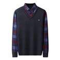 thumbnail image 1 of LNWUY Men's Solid Color Fake Two Plaid Warm Thickened Casual Knitwear Tops Long Sleeve Turndown Collar Base Shirt Blue L, 1 of 3