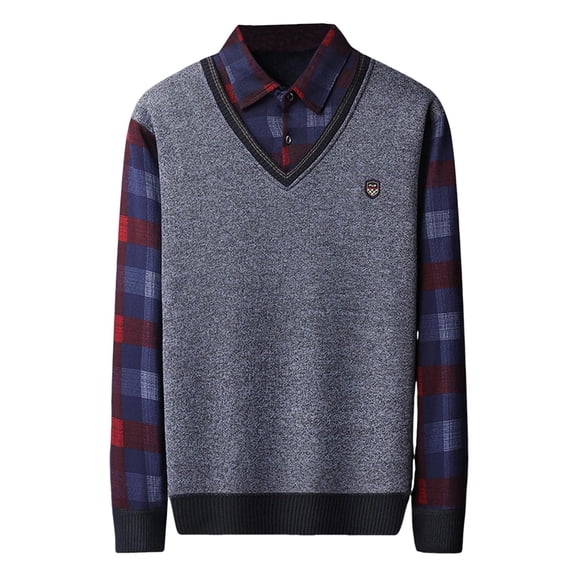 LNWUY Men's Solid Color Fake Two Plaid Warm Thickened Casual Knitwear Tops Long Sleeve Turndown Collar Base Shirt Gray L