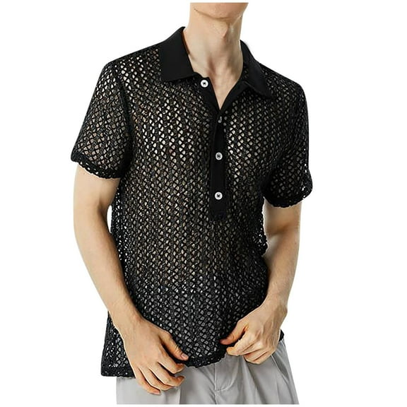 LNWUY Men's Solid Color Fashion Lapel Shirts See Through Fishnet Short Sleeve Button Down Collar Mesh Stretch T-Shirt Muscle Tops Black XXXL