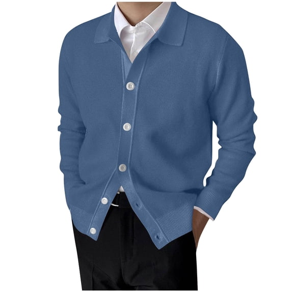 LNWUY Men's Solid Color Lapel Button Closure Long Sleeve Sweater Knit Cardigan Cardigan Top Coat Sweater Jacket Blue XXL