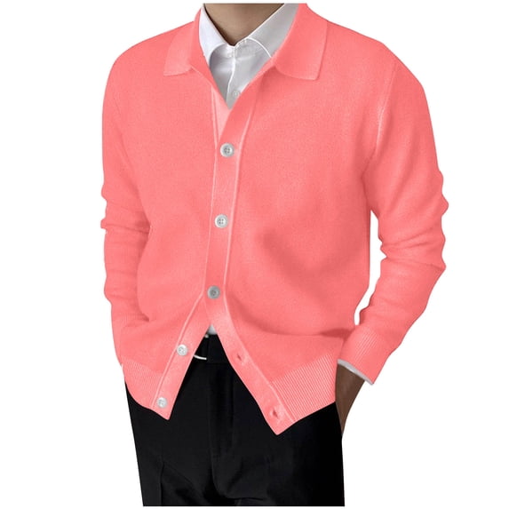 LNWUY Men's Solid Color Lapel Button Closure Long Sleeve Sweater Knit Cardigan Cardigan Top Coat Sweater Jacket Pink XL