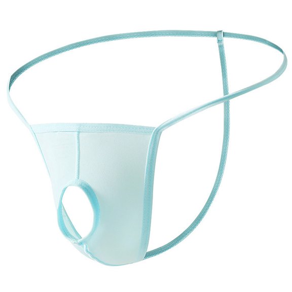 LNWUY Men's Solid Color Low Rise Quick Dry Breathable Front Center Thong with Hole Thong G-String T-Back Underwear Blue L