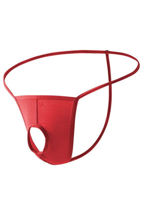 Men's Solid Color Low Rise Quick Dry Breathable Front Center Thong with Hole Thong G-String T-Back Underwear Red L