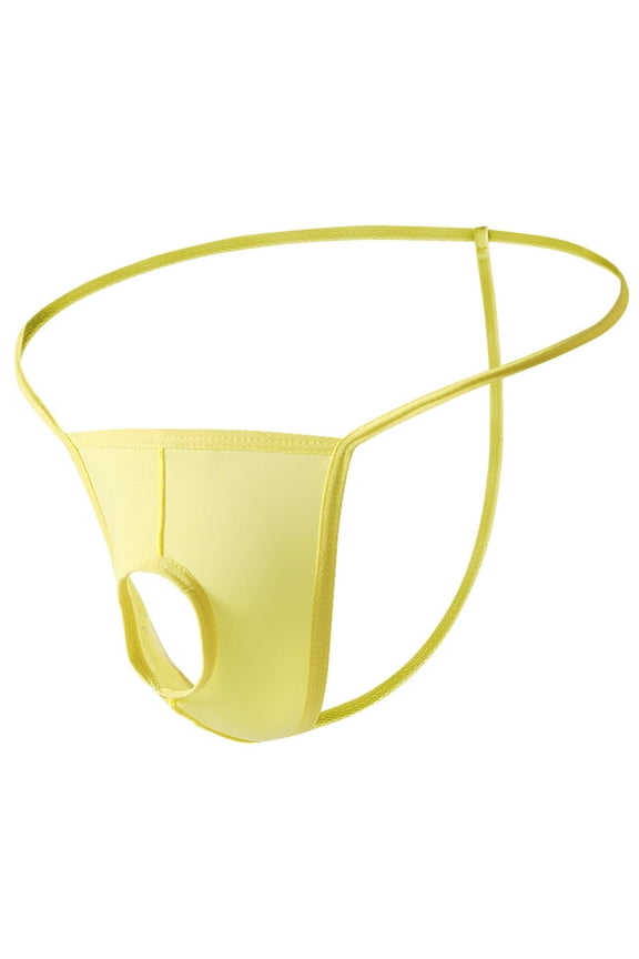 Men's Solid Color Low Rise Quick Dry Breathable Front Center Thong with Hole Thong G-String T-Back Underwear Yellow M