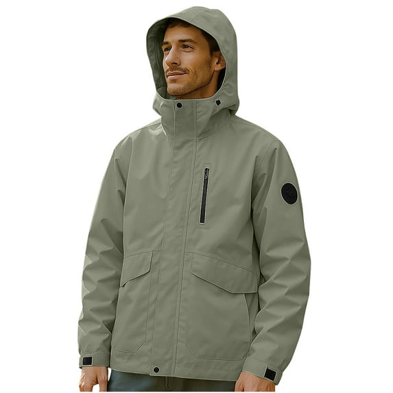 LNWUY Men's Solid Color Outdoor Climb Sport Running Pocket Zipper Water Repellent Detachable Hat Long Sleeved Jacket Green XS
