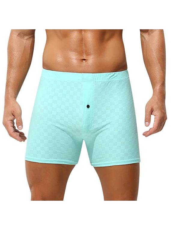 Men's Solid Color Plaid Button Placket Elastic Waist Ice Silk Soft Breathable Comfortable Bottom Boxer Briefs Blue M