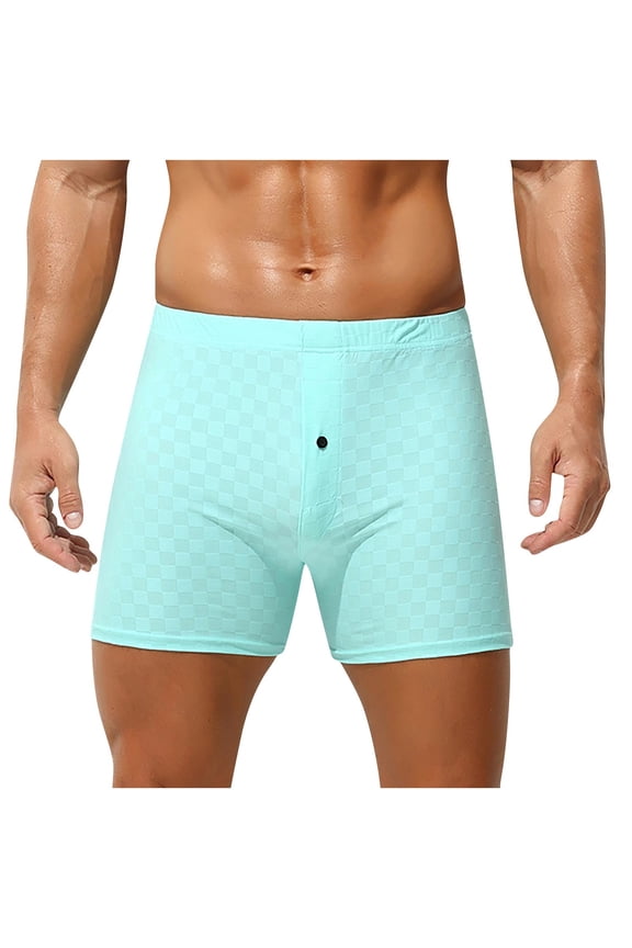 Men's Solid Color Plaid Button Placket Elastic Waist Ice Silk Soft Breathable Comfortable Bottom Boxer Briefs Blue XL