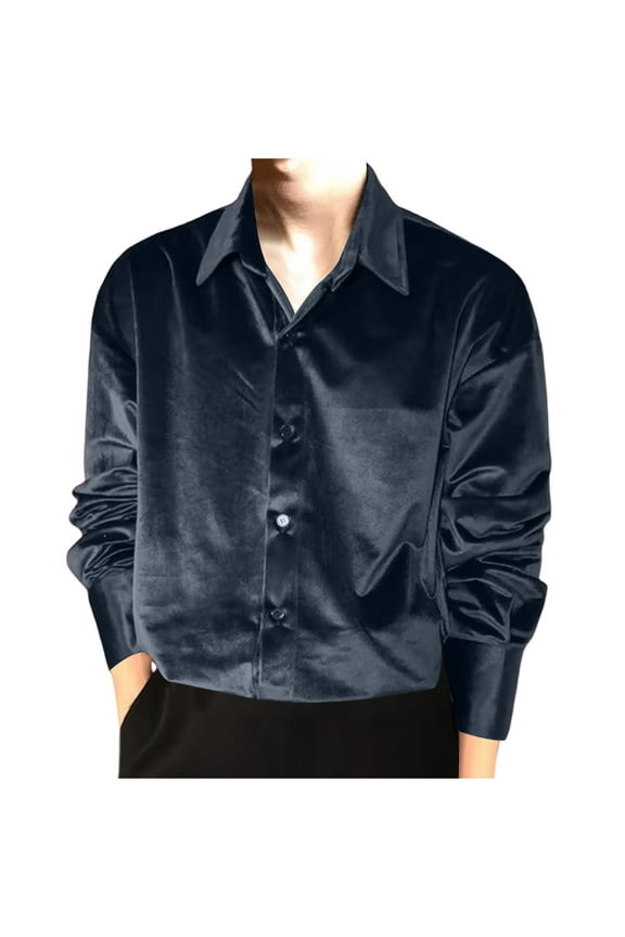 Men's Solid Fashion Satin Luxury Dress Shirt Slim Fit Silk Casual Dance Party Long Sleeve Fitted Wrinkle Free Tuxedo Shirts Black XXL