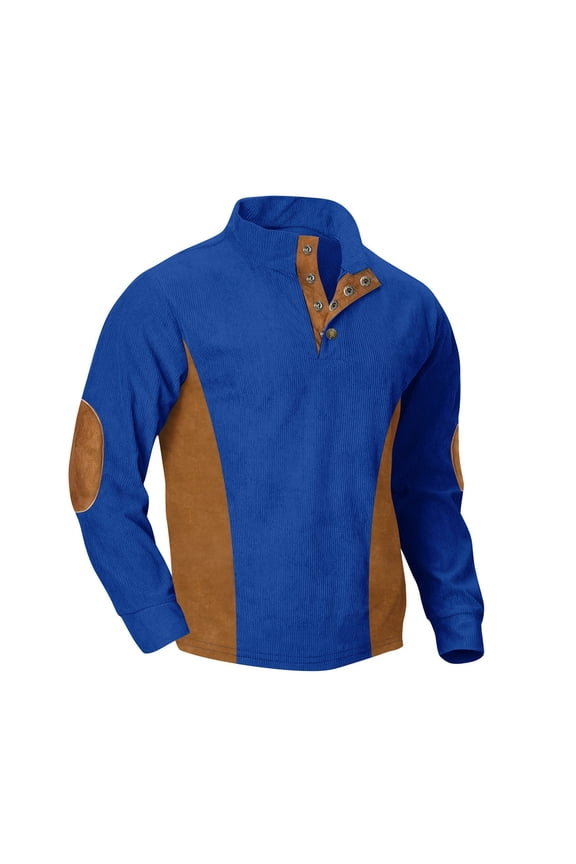 Men's Spring Autumn Corduroy Pullover Casual Tops with Lapel Collar Classic Button-Up Sweater with Elbow Patches Blue XXXL