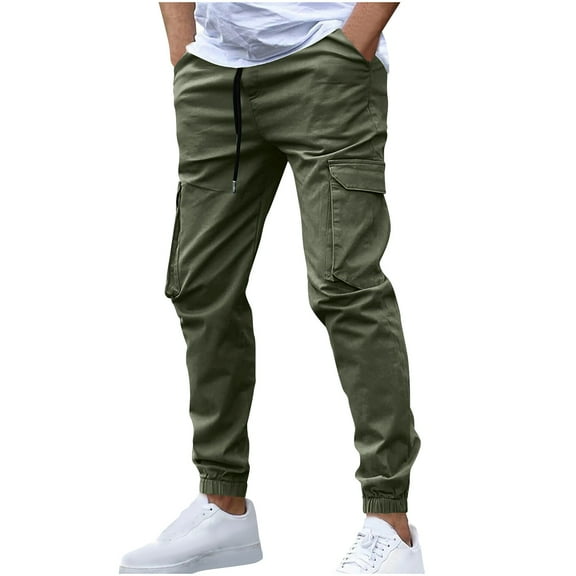 LNWUY Men's Spring Autumn Fashion Casual Drawstring Elastic Waist Solid Comfy Streetwear Baggy Cargo Pants Joggers Hiking Trousers Green* S