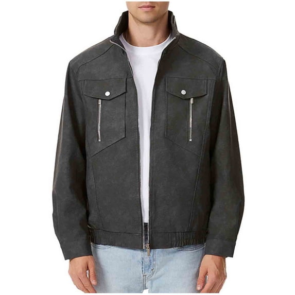 LNWUY Men's Stand Collar Leather Jacket Motorcycle Lightweight Faux Leather Outwear Full Zip Up Vintage PU Coat with Pockets Gray XXXL