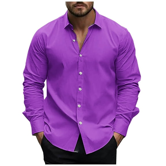 LNWUY Men's Stretch Wrinkle Free Dress Shirts Casual Fashion Solid Color Formal Wedding Prom Long Sleeve Slim Fit Button Down Shirts Purple XL
