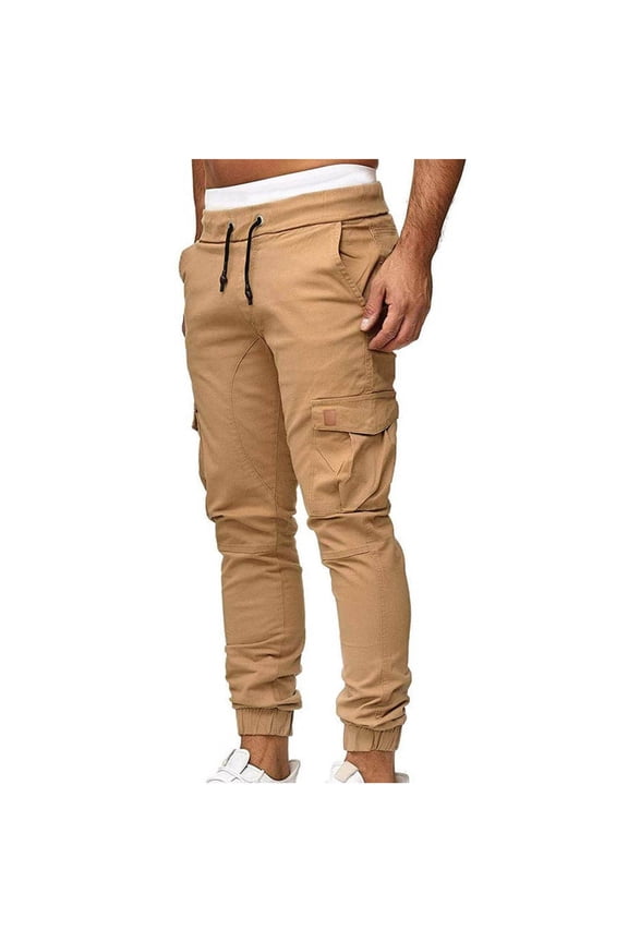 Men's Summer Cargo Pants Stretch Skinny Fit Drawstring Cycling Climbing Trouser Casual Stylish Slacks Tapered Sweatpants Khaki M