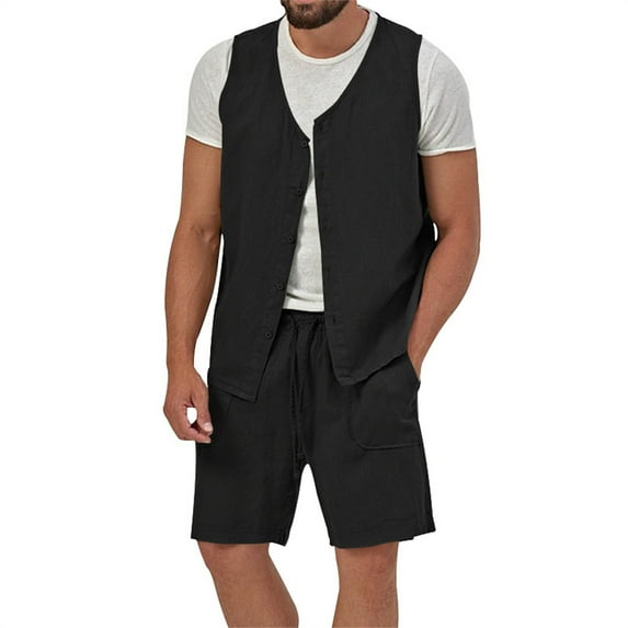 LNWUY Men’s Summer Linen Waistcoat Set Solid Fashion Lightweight Button Vest Cardigan Outdoor Casual Tops Business Suit Waistcoat Black XXL