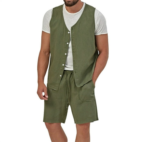 LNWUY Men’s Summer Linen Waistcoat Set Solid Fashion Lightweight Button Vest Cardigan Outdoor Casual Tops Business Suit Waistcoat #Green XL